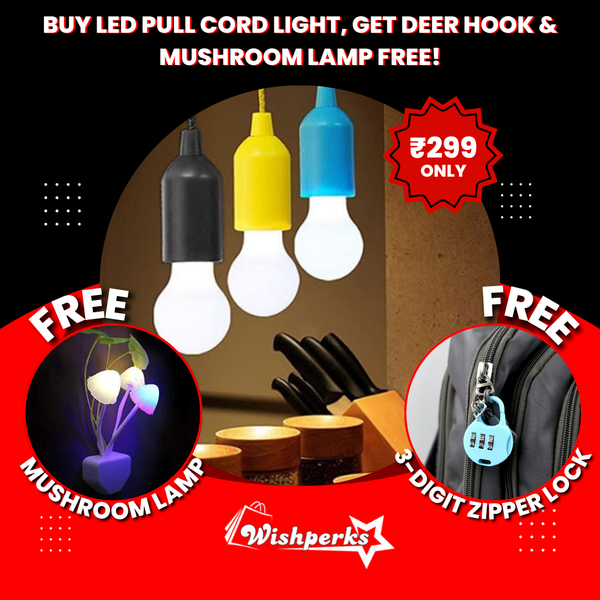Buy LED Pull Cord Light and Get  Mushroom Night Light & 3-Digit Zipper Lock Free!