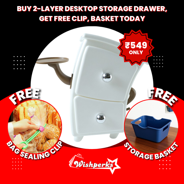 Buy 2-Layer Desktop Storage Drawer & Get Plastic Bag Clips + Storage Basket FREE!