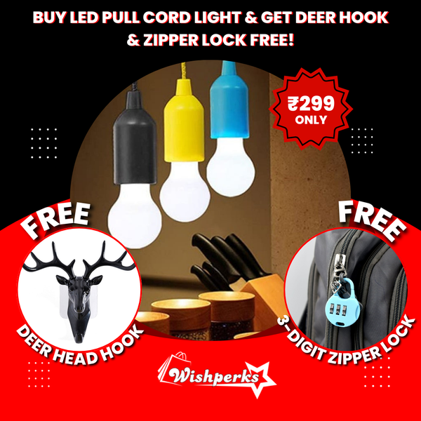 Buy LED Pull Cord Light and Get Deer Head Hook Hanger & 3-Digit Zipper Lock Free!